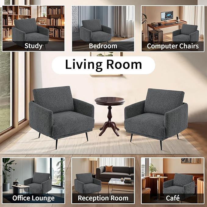 Oversized Accent Chair for Living Room Cozy Reading Chairs Mid-Century Modern Accent Chairs Armchair with Metal Legs Single Sofa Chair for Home Office (Set-of-2, Chenille Fabric- Dark Grey)