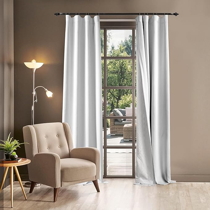 3-in-1 100% Blackout Curtains 90 Inches Long, Thermal Insulation, Soundproof Back Tab Drapes for Bedroom Living Room Sliding Glass Door, with Pin Hooks, Grayish White 50x90Inch 1 Panel