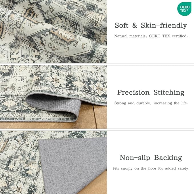 zesthome 8x10 Area Rugs-Washable Rug for Living Room, Non-Slip Backing Rugs, Stain Resistant 8x10 Rug for Bedroom, Ultra-Thin Low Pile Rugs, Vintage Large Home Decor