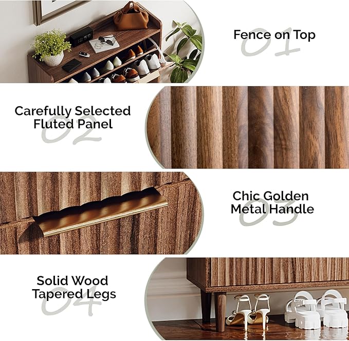 VINGLI Fluted Shoe Storage Cabinet for Entryway with 3 Flip Drawers, Narrow Shoe Organizer with Fluted Panel, Freestanding Wood Hidden Shoe Cabinet for Foyer, Hallway (Dark Walnut, 3 Flip Drawers)