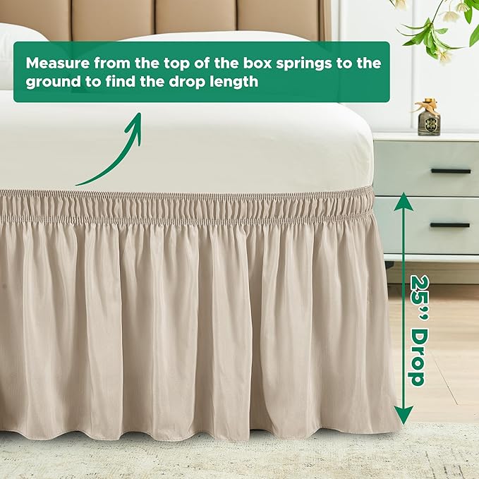 Biscaynebay Wrap Around Bed Skirts for Queen Beds with Extra Long Drop of 25", Light Camel Adjustable Elastic Dust Ruffles Easy Fit Wrinkle Resistant Silky Luxurious Fabric Machine Washable