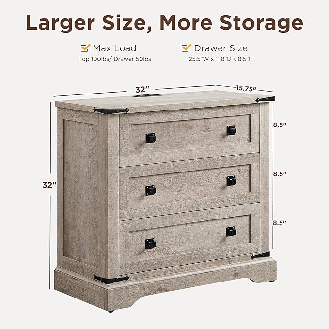 T4TREAM 32" Farmhouse Nightstand with Charging Station Set of 2, Large End Table with 3 Storage Drawers, Rustic Wood Bedside Table for Bedroom, Living Room, Light Rustic Oak