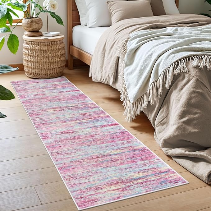 2x6 Modern Abstract Runner Rug for Hallways, Pink Colorful Super Soft Hallway Decor Kitchen Rugs with Non-Slip, Non-Shedding Washable Rug for Entryway Bedroom Indoor