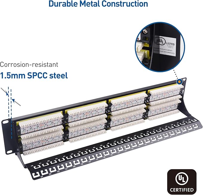 [UL Listed] Cable Matters 48 Port Patch Panel Rackmount or Wall Mount 19-Inch with Support Bar, 2U Cat6 Network Patch Panel for 10 Gigabit Ethernet, 110 or Krone Impact Tools Compatible