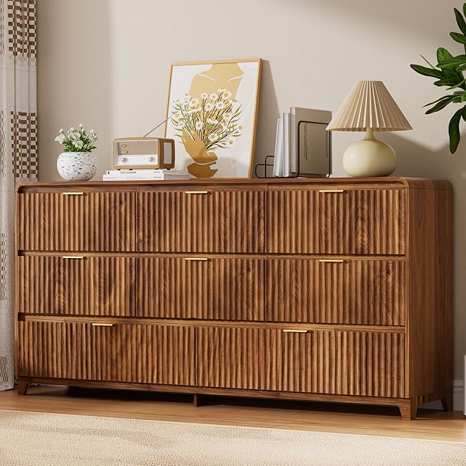 3 Pcs Bedroom Furniture Set, 8 Drawer Fluted Dresser and Nightstand Set of 2 with Charging Station, Modern Bed Side Table Chest of Drawers Storage Cabinet Set for Bedroom, Living Room, Walnut