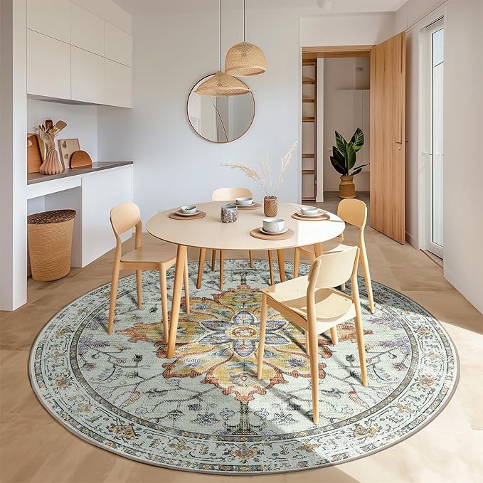 Area Rugs 8ft Washable Non-Slip, Floral Vintage Distress Print Pattern Medallion Carpet for Living Room Bedroom Dining Room, Light Yellow Carbon Grey Orange