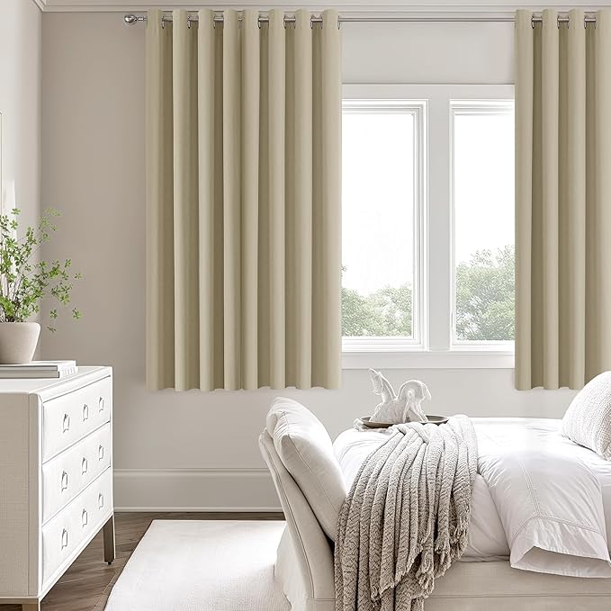 ChrisDowa 100% Blackout Tan Solid Curtains 63 Inches Long 2 Panels for Bedroom Living Room,Farmhouse Room Darkening Thermal Insulated Soundproof Grommet Top Window Treatment Drapes,52x63