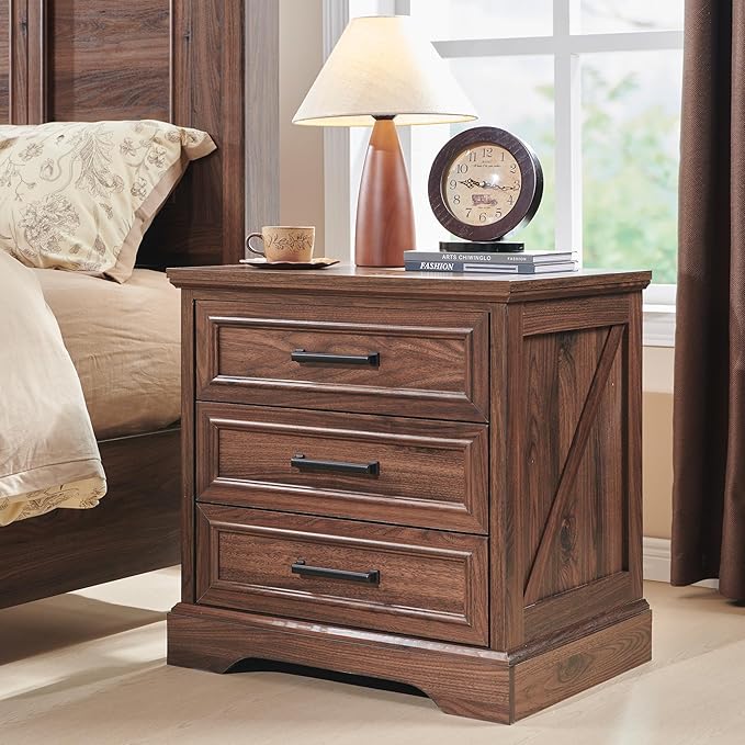 ACCOHOHO Farmhouse Nightstands Set of 2, 22 Inch Wide End Table with Charging Station & 3 Large Drawers, Rustic Wood Small Dresser Chest of Drawers for Bedroom, Living Room, Brown