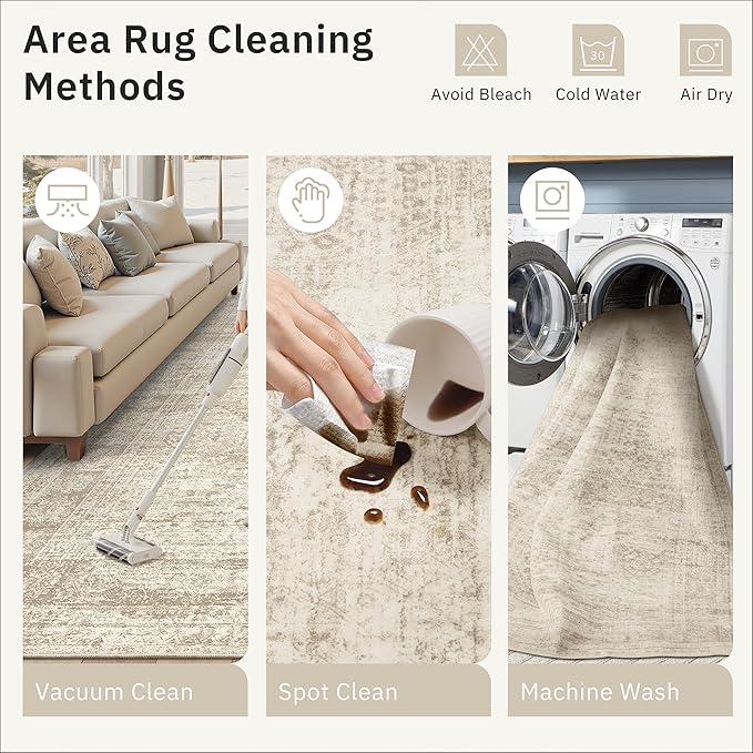 7x9 Area Rug for Living Room Washable Abstract Vintage Soft Thin Indoor Floor Non-Slip Carpet for Bedroom Dining Room Beige