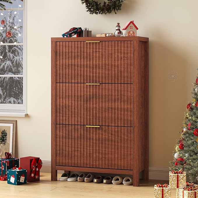 Shoe Cabinet Storage for Entryway, Fluted Shoe Cabinet with 3 Flip Drawers, Hidden Shoe Rack Tall Freestanding Shoe Organizer with Legs for Hallway, Walnut