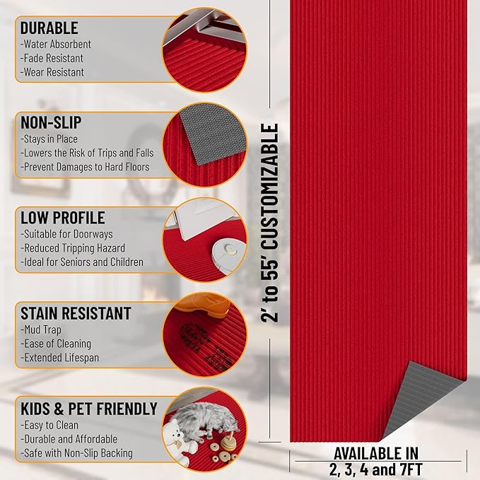 Ottomanson 2'7" x 52' Hallway Runner with Scraper Pile Extra Durable Non-Slip Rug Mat for Indoor & Outdoor Use - Ideal for Kitchen, Entryway, Patio & Garage - High-Traffic Carpet, Red