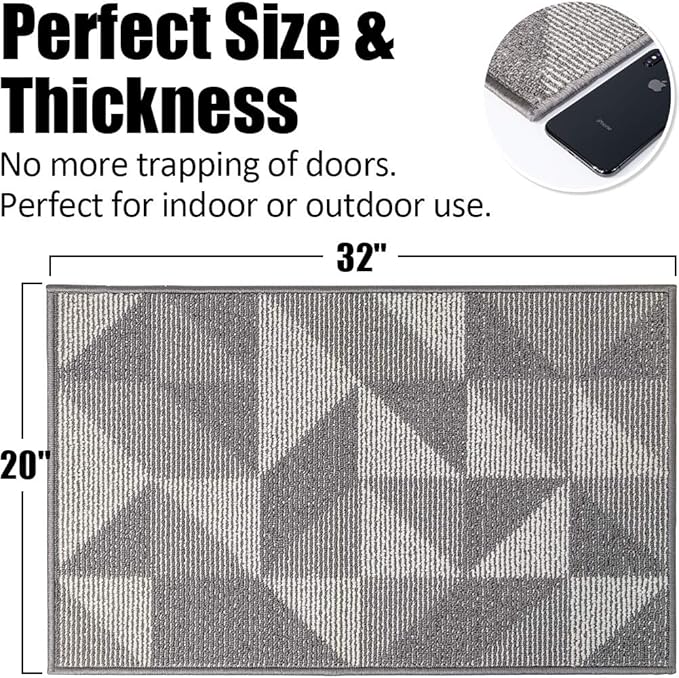Indoor Doormat 20"x 32", Absorbent Front Back Door Mat, Rubber Backing Non Slip Floor Mats Inside Mud Dirt Trapper Outside Entrance Front Door Rug Carpet, Machine Washable Low Profile - Grey Geome