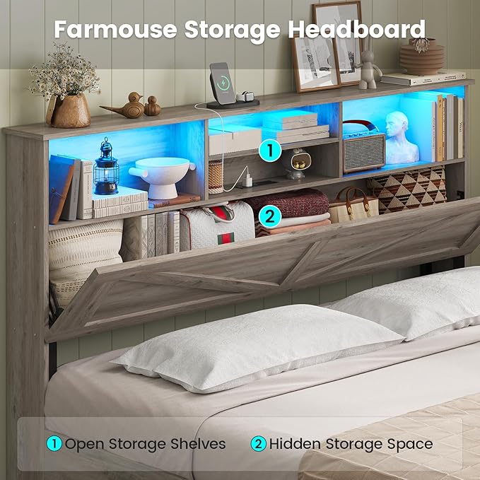 AOGLLATI Farmhouse Full Size Bed Frame with 4 Storage Drawers and Charging Station, Wooden Full Bed Frame with Hidden Space Bookcase Headboard and Led Lights & Metal Slats, Gray