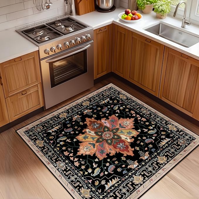 Area Rugs Square 4ft Washable Non-Slip, Floral Vintage Distress Print Pattern Medallion Carpet for Living Room Bedroom Dining Room, Black Colorful Floral Dark Tan