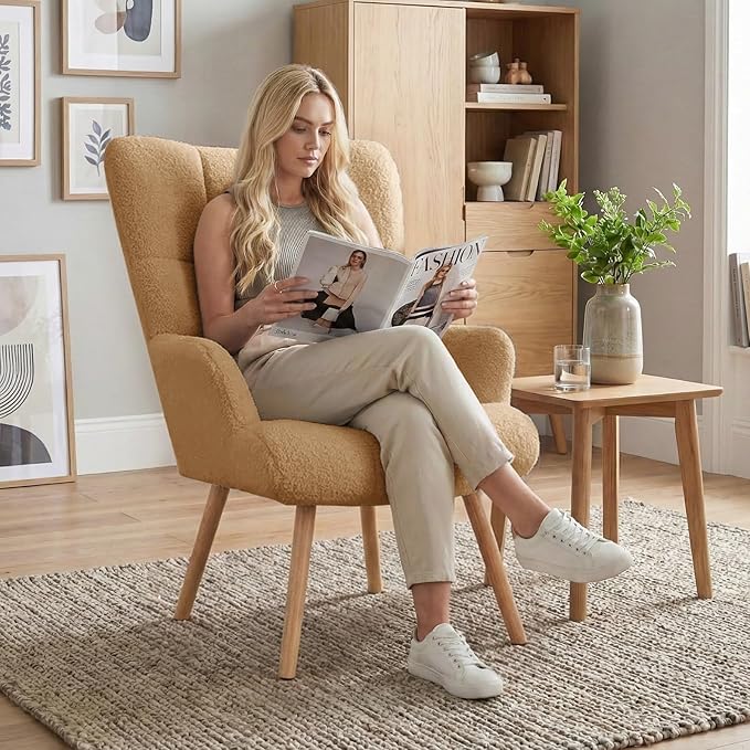 Joysoul Modern Accent Chair, High Back Arm Chair with Wood Legs Sofa Seat Teddy Fleece Fabric Reading Chair for Living Room Bedroom Waiting Room (Brown)
