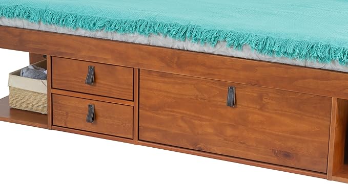 memomad Bali Slim Set: Storage Platform Bed with Drawers + Flat Panel Headboard (King Size, Caramel Brown Wood)