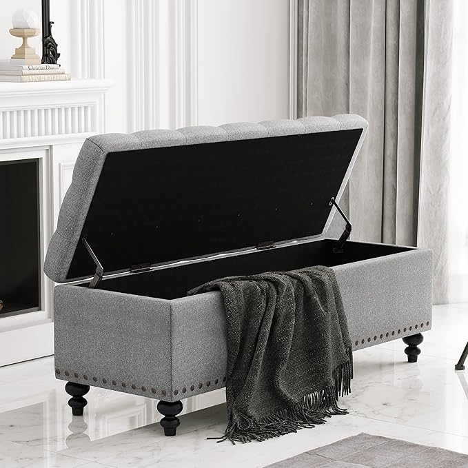 HUIMO 51-inch Storage Bench Ottoman with Removable Tray, Cotton Linen Blend Fabric, Button Tufted, Safety Hinge, 300lb Weight Capacity, Gray