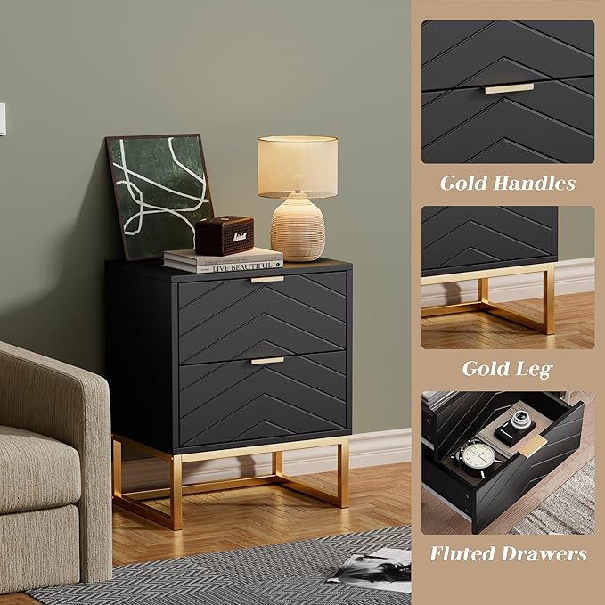 Anbuy Morden 3 Pieces Bedroom Sets, 6 Drawer Dresser and Nightstand Sets for Bedroom, Night Stand Set of 2 & 6 Drawer Dresser with Gold Handles, Morden Wood Chest of Drawers Storage Cabinet Set, Black