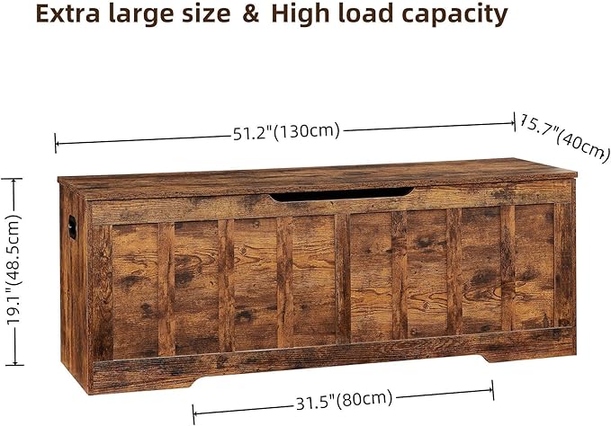 51.2"Storage chest extra large,storage bench with 2 safety hinges,Shoe Bench,51.2*15.7*19.1inches,wooden trunk for bedroom,livingroom,entryway,Supports 220 lb,Easy Assembly(Rustic brown)