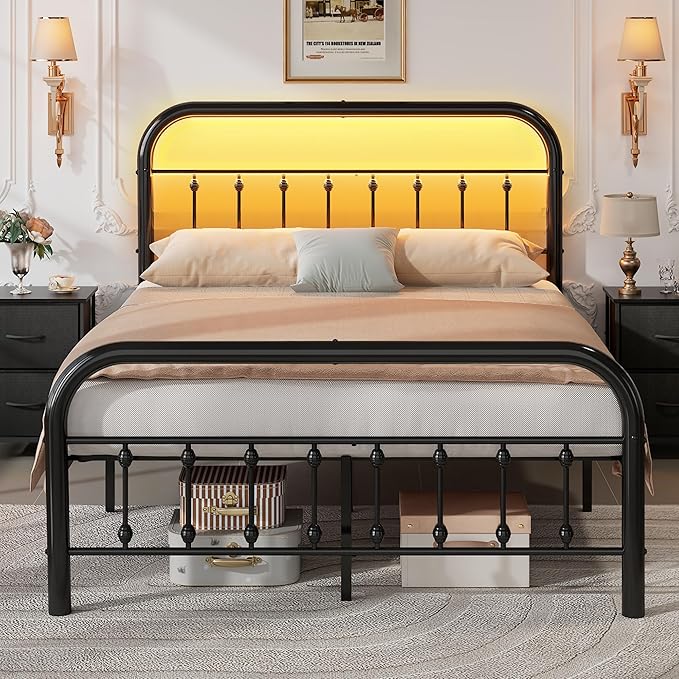 WLIVE Metal Platform Bed Frame, Full Size Bed Frame with Headboard, Bed Frames with LED Lights and Charging Station, 1500LBS Mattress Foundation, Under Bed Storage, No Box Spring Needed, Black