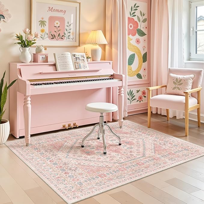 zesthome Pink Rug - 3x5 Area Rugs for Bedroom, Stain Resistant Washable Rugs for Nursery Room, Living Room, Home Decor, Girls Rug (Pink/Blue,3'x5')