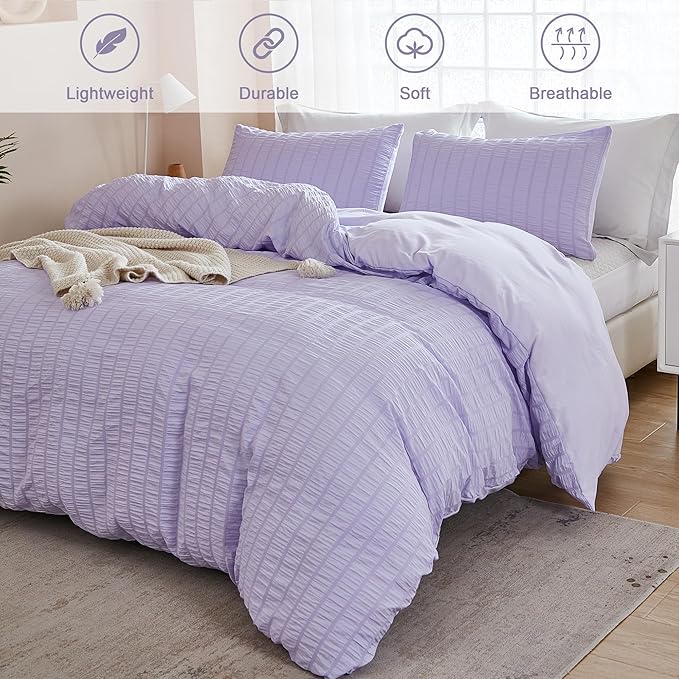 AveLom Lavender Purple Seersucker Duvet Cover Set Queen (90 x 90 inches), 3 Pieces (1 Duvet Cover + 2 Pillow Cases), Ultra Soft Washed Microfiber, Textured Duvet Cover with Zipper Closure, Corner Ties