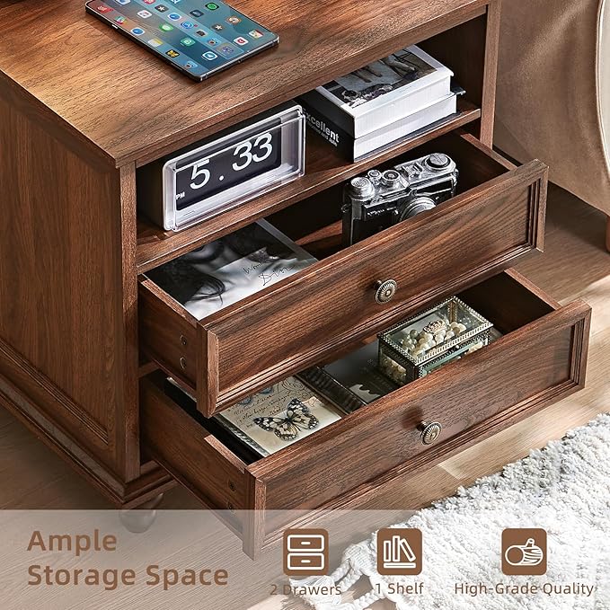 24" Wide Farmhouse Nightstand with Charging Station, End Table with 2 Drawers, Brown Wood Dresser for Bedroom Cabinet, Bed Side Table Chest of Drawers, Night Stand for Living Room, Closet
