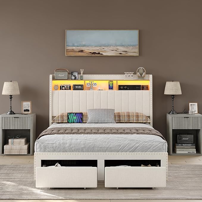 Queen Size Bed Frame with LED Light and Charging Station, Upholstered Bed Frame with 4 Drawers and 2-Tier Storage Headboard, Noise Free, Easy Assembly, Wooden Slats Support, No Box Spring Needed,White