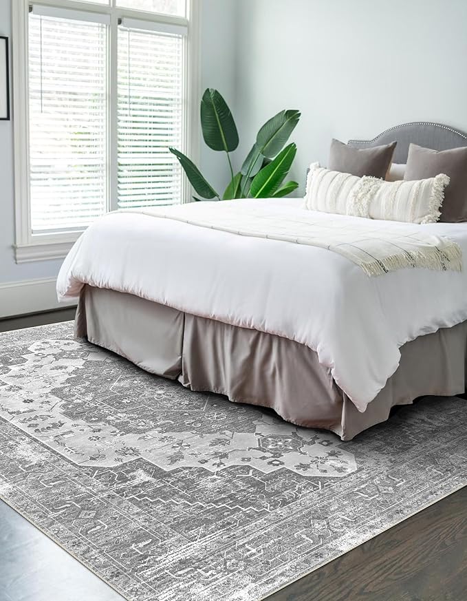 vivorug 9x12 Area Rugs, Stain Resistant Washable Rug for Living Room, Vintage-Inspired Grey Floral Rug