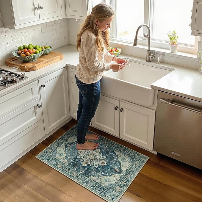 Area Rugs 2'x3' Washable Non-Slip, Floral Vintage Distress Print Pattern Medallion Carpet for Living Room Bedroom Dining Room, Dark Blue Vintage