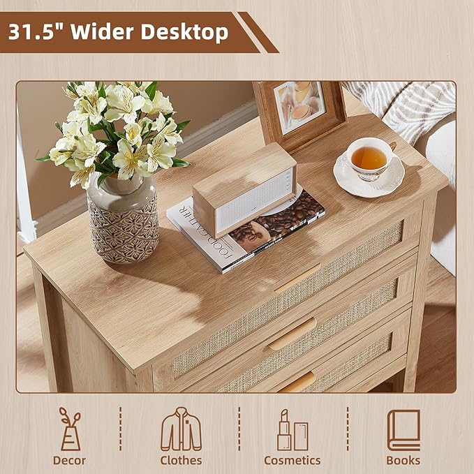 LEYAOYAO 31.5" Wide Rattan Night Stand, Large Boho Nightstand, Bedside Table with Storage, Tall Bed Side End Tables, Chest of Drawers for Bedroom, Living Room, Hallway（Natural,3 Drawers,2）