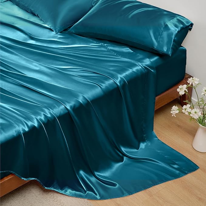 Bedsure Satin Sheets King Size - 4 Piece Silky Bedsheets with 15 Inches Deep Pocket Fitted Bedsheet,1 Flat Sheet, 2 Satin Pillowcases, Good for Hair & Skin (King, Teal)