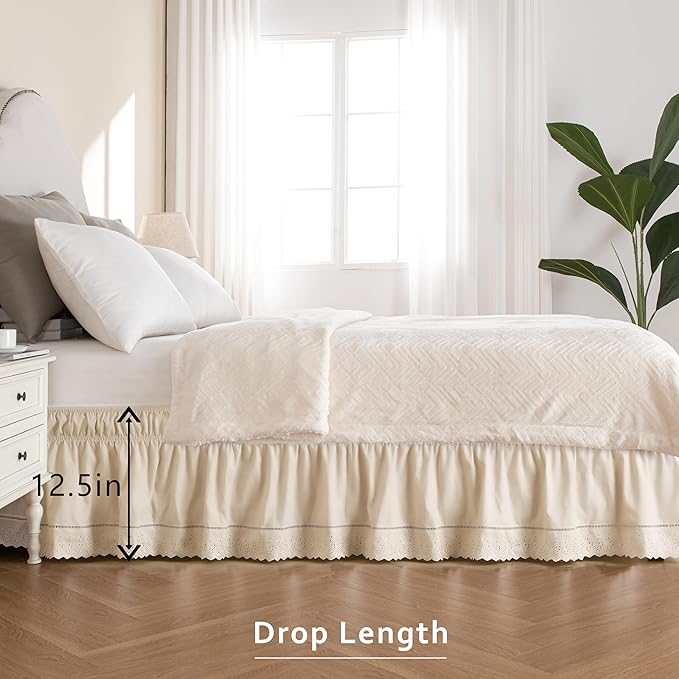 MIYE Wrap Around Ruffled Lace Bed Skirt, Elastic Dust Ruffle with Adjustable Belts, Easy to Put On, Bed Frame Cover, Machine Washable (Embroidered/Light Beige, King/Queen-12.5" Drop)
