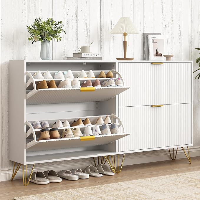Shoe Storage Cabinet with 2 Flip Drawers, Fluted White Shoe Cabinet Storage for Entryway Slim, Narrow Shoe Organizer Cabinet, Modern Freestanding Shoe Rack for Entryway, White