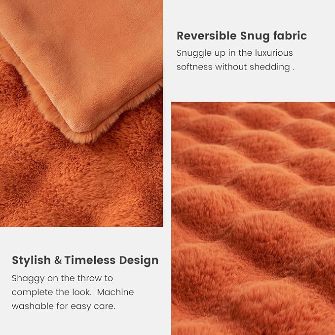 Cozy Bliss Faux Fur Throw Blanket for Couch, Bubble Plush Blanket Queen Size, Fuzzy Soft & Thick Blanket for Fall Bed Sofa Living Room, 90x90 Inches Halloween Burnt Orange