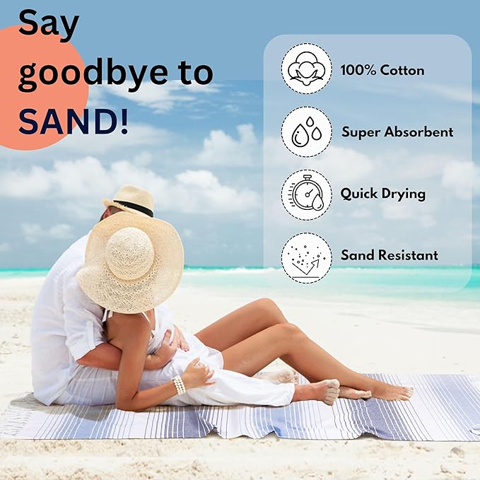Native Fab Turkish Stripe Beach Towels Set of 6-40x71 Inches 100% Cotton Quick Dry Lightweight - Extra Large Thin Sand Free Peshtemal Towel for Adults Travel Bath Spa Pool Gym Camp, Navy Blue