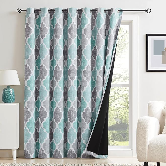 Beauoop 100% Blackout Curtains 96 Inches Long for Patio Sliding Door Aqua Grey Extra Wide Moroccan Geo Room Darkening Thermal Soundproof Room Divider Grommet Window Treatment Drapes,100x96 Set of 1