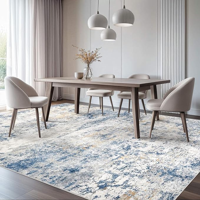 Area Rug Living Room Rugs - 5x8 Abstract Large Soft Indoor Washable Rug Neutral Modern Low Pile Carpet for Bedroom Dining Room Farmhouse Home Office - Blue