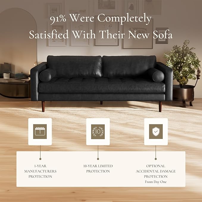 POLY & BARK Napa 88.5" Leather Sofa – Full-Grain Italian-Tanned Aniline Leather, Feather-Down Comfort, Solid Wood Frame, Walnut Legs, Onyx Black