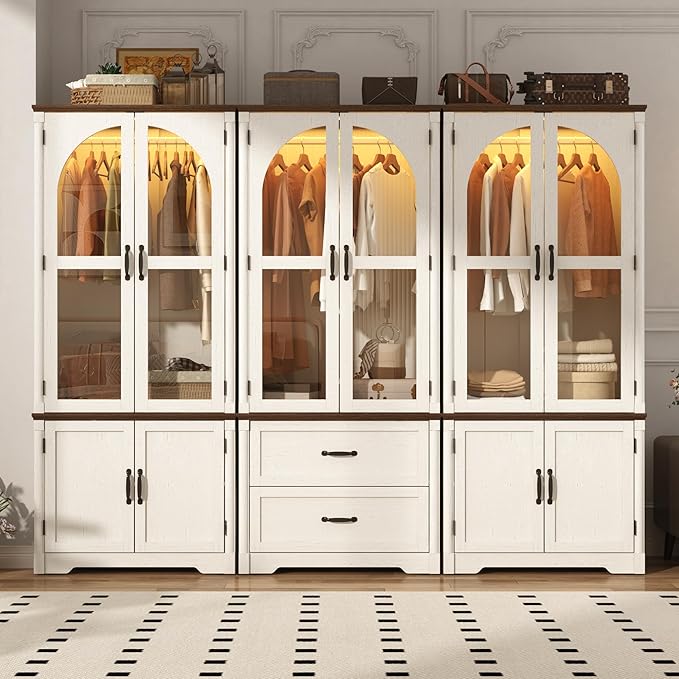 Tall Farmhouse 6 Doors Armoire Wardrobe Closet with LED ,72" Freestanding Arched Wardrobe Closet Cabinet for Bedroom w Glass Doors/Drawers,Wooden Clothing Storage Cabinet,Closets for Bedroom(White)