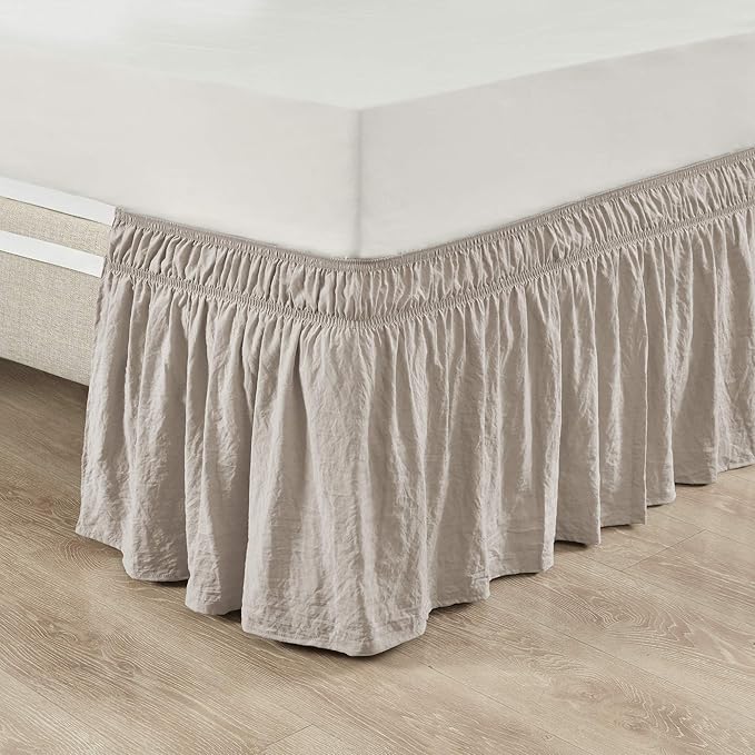 Lush Decor Ruched Ruffle Elastic Easy Wrap Around Bed Skirt Single Queen/King/Cal King Neutral - Queen Bed Skirt - Dust Ruffle - Tan Bedskirts