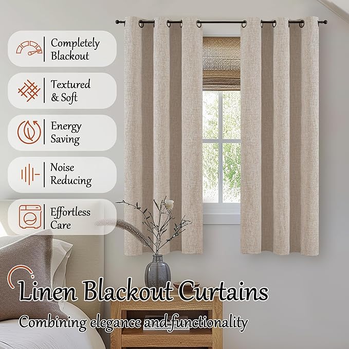 Linen Blackout Curtains for Bedroom Narrow Window, Thermal Insulated Complete Light Blocking Privacy Soundproof Small Curtains for Basement, Each 38 Inch Wide 63 Inch Length 2 Panels, Beige