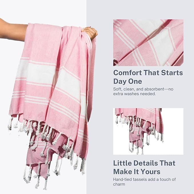 Cotton Turkish Beach Towel Towels Oversized 36"x72" Pool Absorbent Extra Large Quick Dry Sand Travel Towel (Pink, 4 Pack)