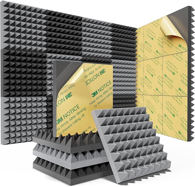 Sonicism Soundproof Wall Panels Self-Adhesive Pyramid 12 Pack,2" X 12" X 12" Acoustic Panels High Density Sound Proof Foam Panels for walls Fast Expand,Sound Absorption & Decoration(Black/Gray)