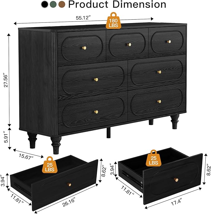 ORRD 7 Drawer Fluted Dresser for Bedroom, Mid Century Modern Chest of Drawers, Wood Storage Large Dresser Organizer for Bedroom Living Room Hallway Closet, Black