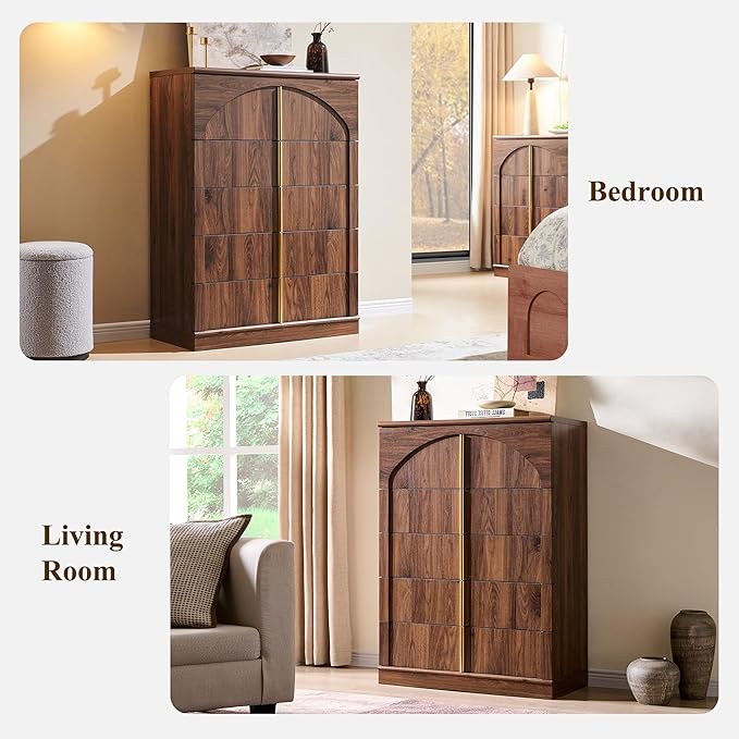 ACCOHOHO Modern 5 Drawers Dresser for Bedroom with Arched Panel,44" Tall Dresser for Closet with Metal Handles,Push-to-Open Wood Storage Closet Dressers Tv Stand for Living Room, Hallway,Brown
