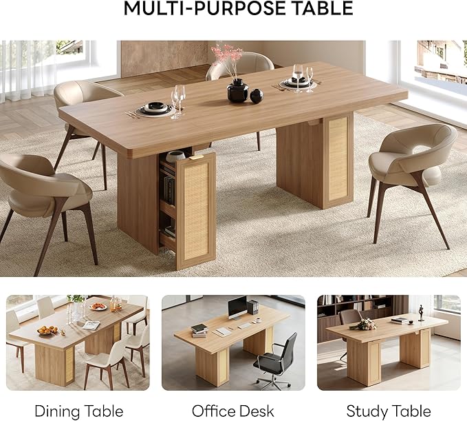 LIKIMIO 78.7" Farmhouse Dining Table for 6-8 People, Extra Thick Wood Top with 2 Hidden Adjustable Storage Drawers, Modern Woven Rattan Table for Dining Room, Kitchen, Living Room, Rustic White