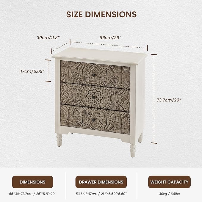 COSIEST 3 Drawers Nightstand, Accent Dresser, 29'' Tall Wood Vintage Small Accent Chest, Bedside Table,Bedroom Furniture for Home, Entryway (Lotus Pattern)