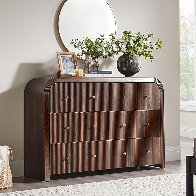 T4TREAM Fluted Dresser for Bedroom with 6 Drawers, 54" Wide Modern Chest of Drawers with Thickened Curved Profile Design, Wood Dressers TV Stand for Bedroom, Living Room, Hallway, Dark Walnut