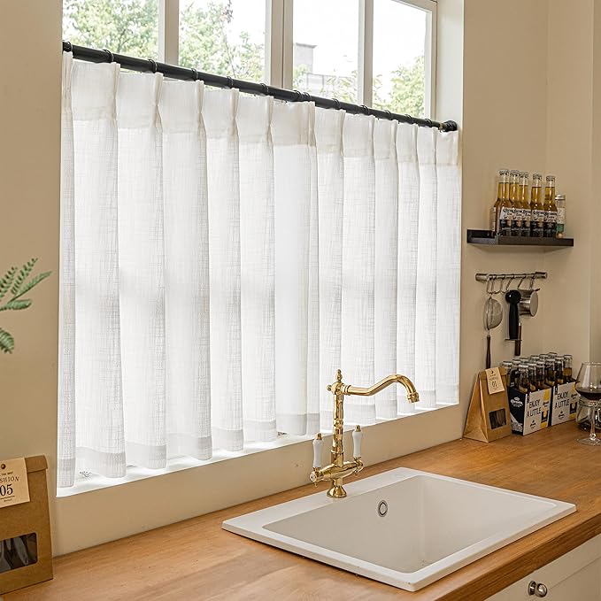 Ivory Linen Kitchen Curtains 36 Inch Length Pinch Pleated 2 Panels for Small Window Privacy Light Filtering Bathroom Window Drapes Neutral Semi Sheer Short Curtains for Front Door Laundry RV Camper